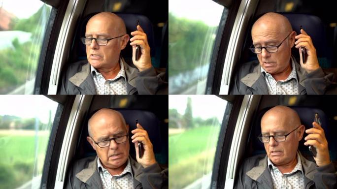 愤怒的老人在火车内用手机聊天-模型发布