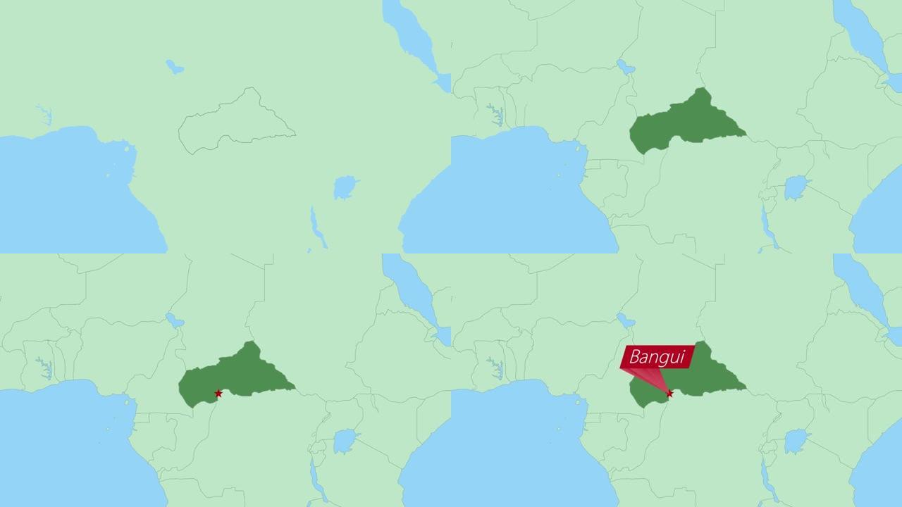 中非共和国地图，带有国家首都的pin。