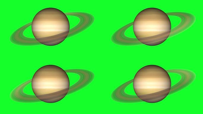 土星在绿屏中旋转。有环的行星的循环视频。