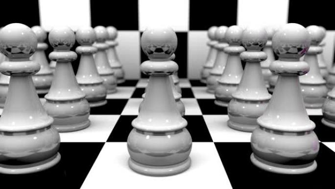 具有独特性和个性概念的3D动画。白色棋子在黑白板上有粉红色的棋子。