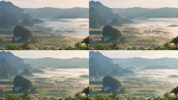 风景如山，雾与早晨日出，富龙卡山，延时视频