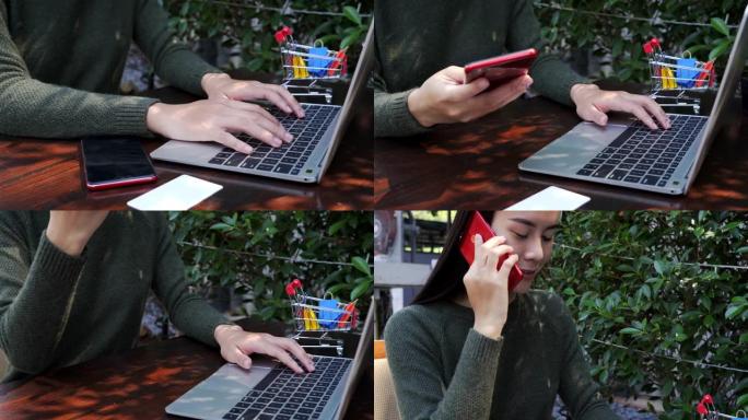 特写女性手在笔记本电脑键盘工作户外餐厅