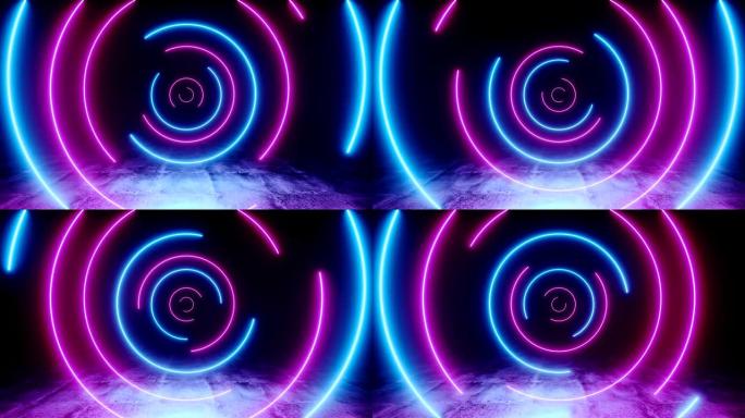 螺旋可循环霓虹灯发光荧光复古科幻未来紫色蓝色激光圆形旋转灯在黑暗垃圾混凝土反射地板空空间