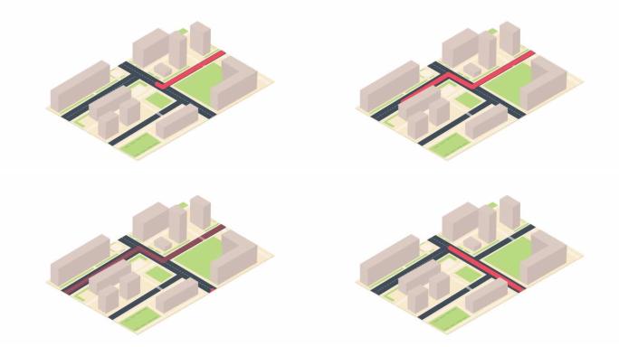 地图方案上的路线。位置的动画。卡通