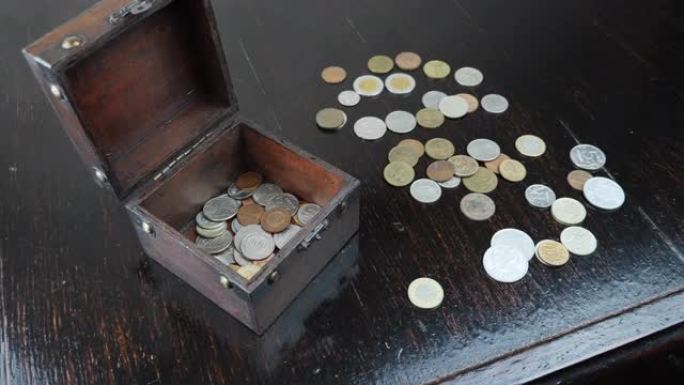 旧古董硬币正掉进旧棕色棺材里。金融货币背景。省钱概念