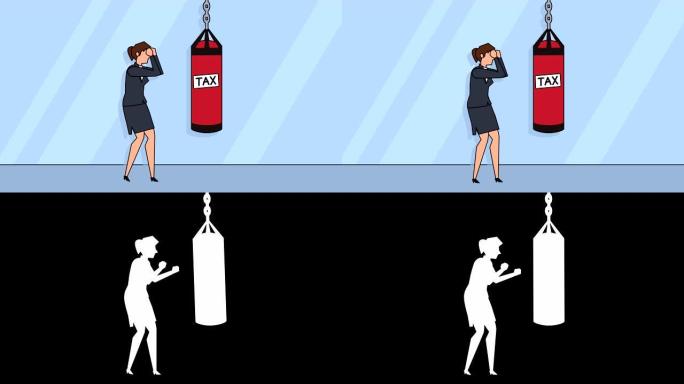 平面卡通女商人角色拳击与税务沙袋动画