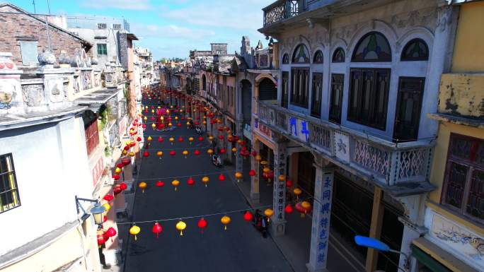 珠海斗门旧街骑楼灯笼老街电影取景地航拍