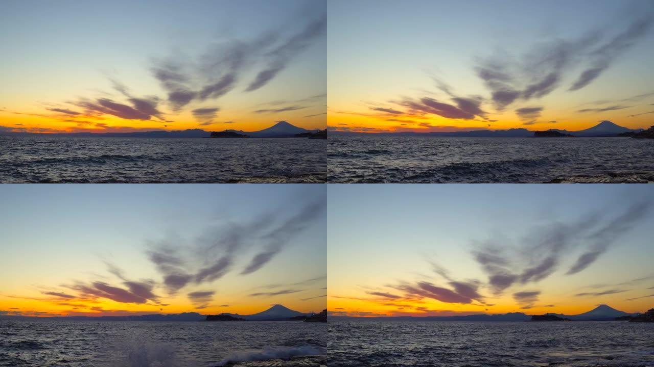 黄昏时的富士山和江之岛从稻美加崎