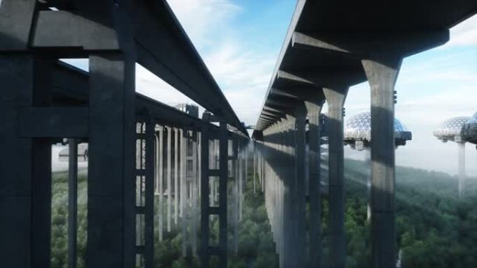 具有单轨和火车的未来派火车站。人流量，人群。混凝土建筑。未来概念。逼真的4k动画。
