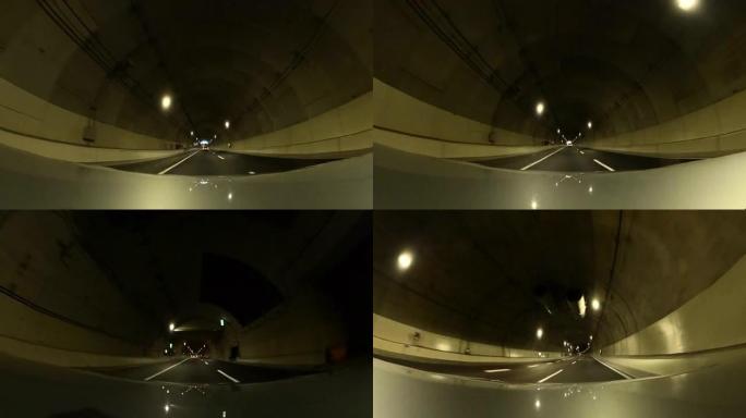 在隧道里开车。汽车引擎盖上的摄像头。