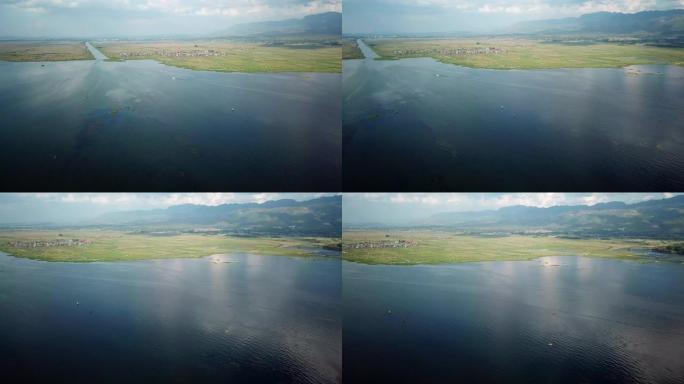 鸟瞰图亚洲浮动村房屋缅甸湖，缅甸因勒湖东南亚，缅甸因勒湖上的浮动花园 (缅甸)