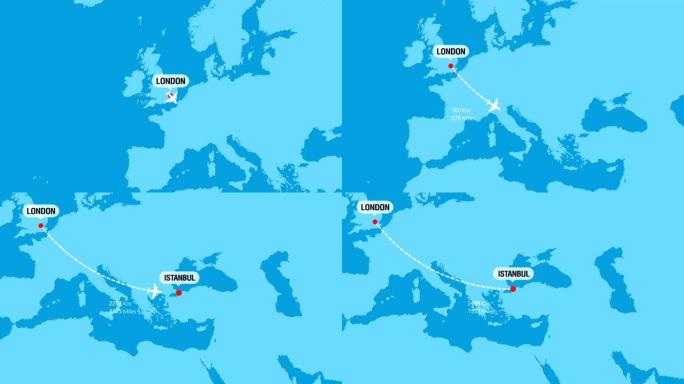 伦敦至伊斯坦布尔的航班旅行路线