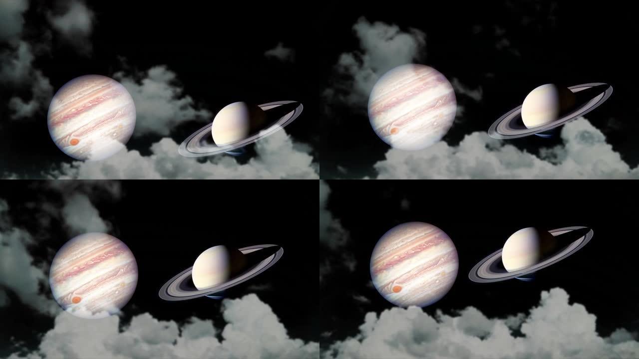 土星和木星上升回来的剪影云在夜空是罕见的现象