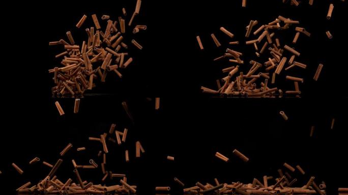 肉桂棒，肉桂，黑色背景下的香料，慢动作4K