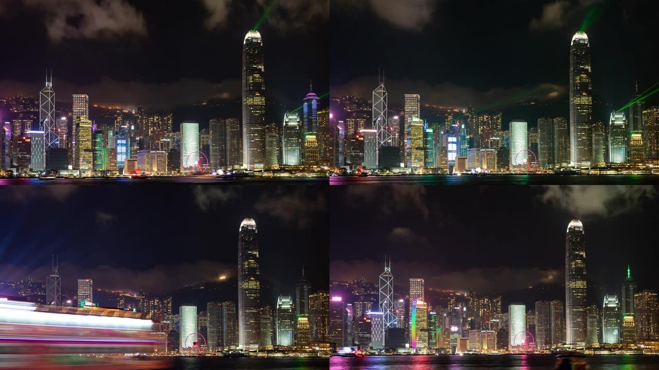 4k延时: 香港城市激光表演灯光交响乐全景地标摩天大楼在香港维多利亚港