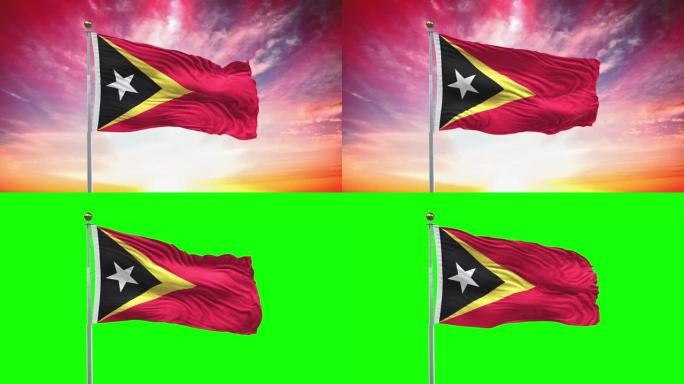 东帝汶国旗，可循环，包括绿屏色度键版本，在风中摇摆的慢动作动画，4K逼真的织物纹理，连续无缝循环背景