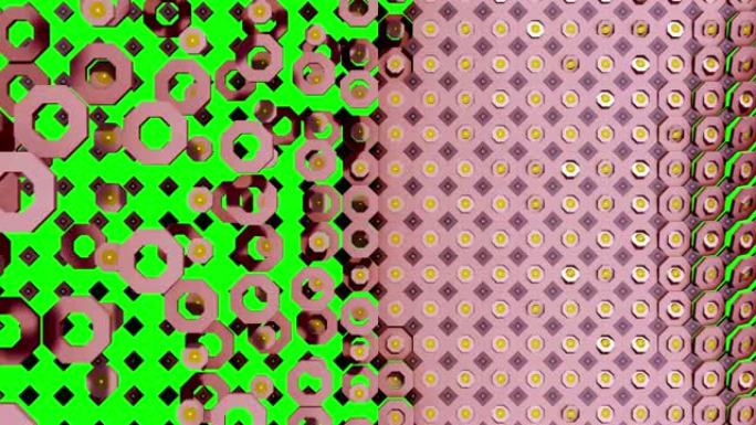抽象几何背景-循环-4k-过渡蒙版-粉色与紫色背景-在交叉点处有规则和正方形六边形的动画图案