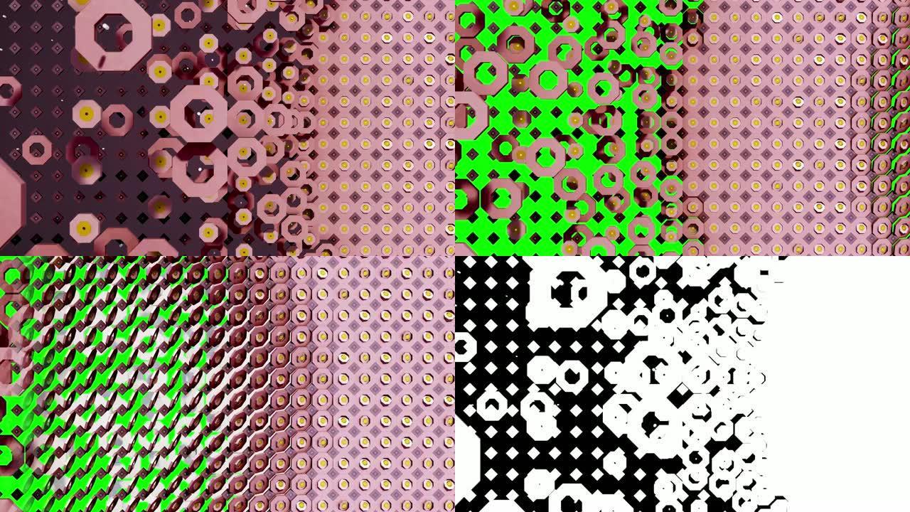 抽象几何背景-循环-4k-过渡蒙版-粉色与紫色背景-在交叉点处有规则和正方形六边形的动画图案