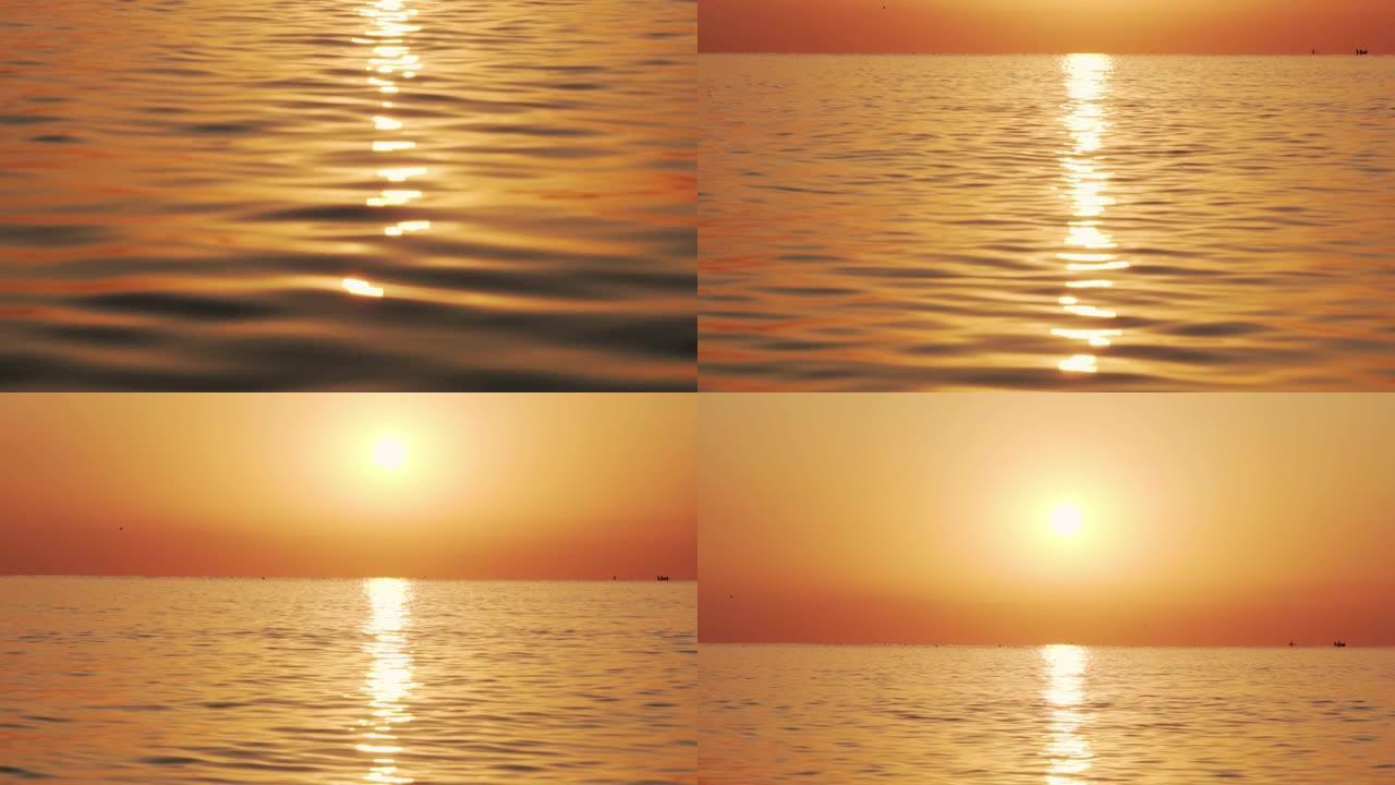 在太阳日出的背景下，用小浪缓慢地运动海面。一大片太阳升起在海面之上，这是水面上的太阳路径。海洋全景的