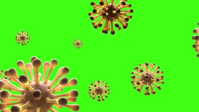 绿屏背景上电晕病毒分子3d渲染之间的飞越
