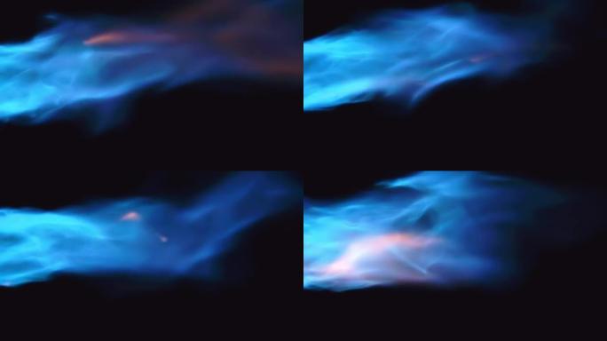 气体燃烧产生的蓝色火焰的快速运动。大量的能量和热量的释放。