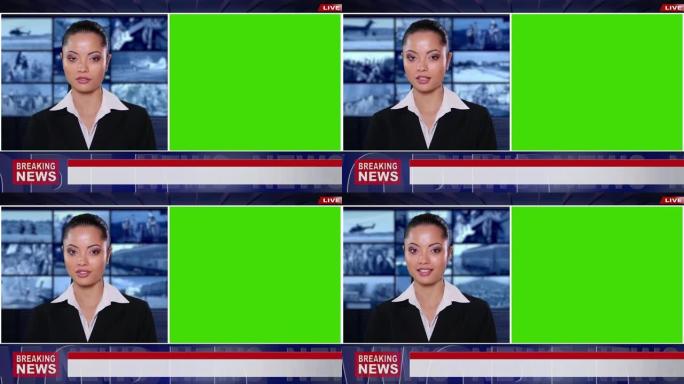 4k视频: 亚洲新闻播音员通过绿屏显示来展示重大新闻，以供样机使用