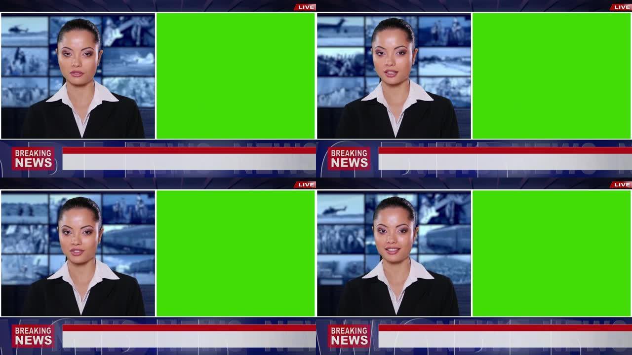4k视频: 亚洲新闻播音员通过绿屏显示来展示重大新闻，以供样机使用
