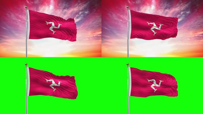 Isle of Man Flag, Loopable，包括绿屏色度键版本，在风中摇摆的慢动作动画，4