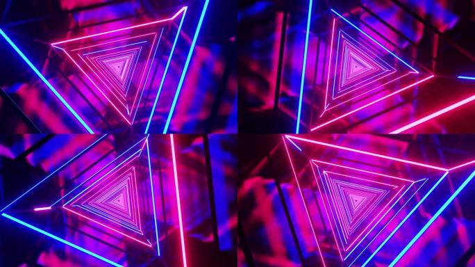 抽象背景，带有霓虹蓝红光的抽象未来三角隧道中的飞行动画。无缝循环的4k 3D渲染动画。彩色激光霓虹灯