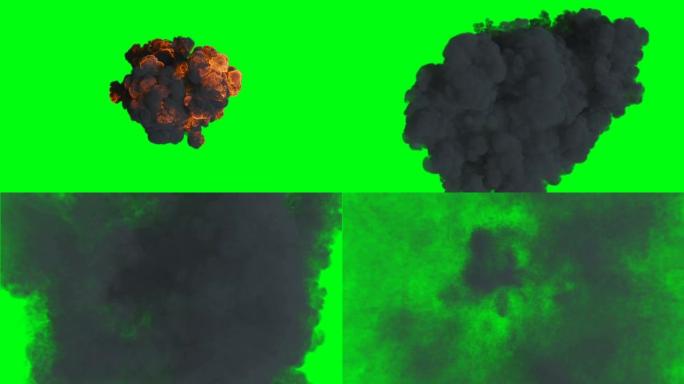 绿屏4k上的Exploision隔离。灰尘。逼真的火灾模拟。