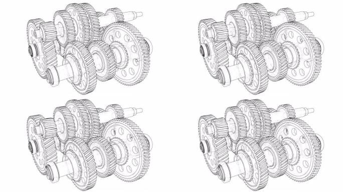 轮廓齿轮箱概念。3D插图视频