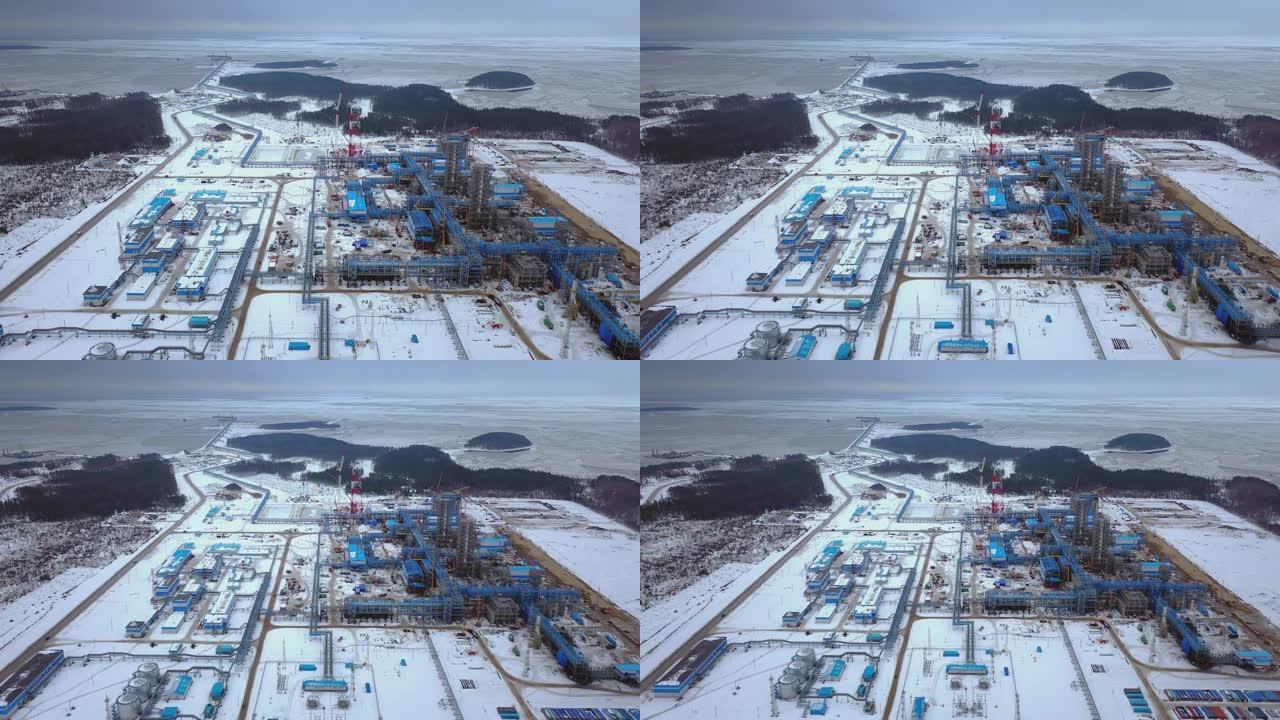 海运用油码头的鸟瞰图。俄罗斯油管Nord Stream 2的建设。石化产品出口。沿波罗的海底部从俄罗