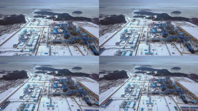 海运用油码头的鸟瞰图。俄罗斯油管Nord Stream 2的建设。石化产品出口。沿波罗的海底部从俄罗