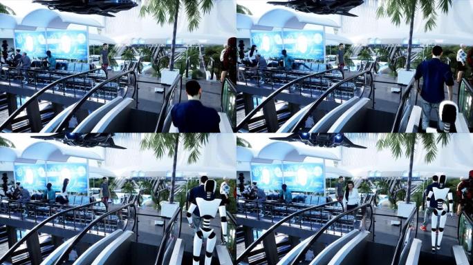 科幻铁路未来派车站。未来概念。Dinamyc树。人和机器人交通。鸟瞰图逼真4k动画