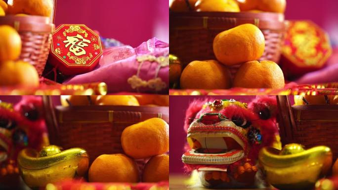 在粉红色的背景下，木桌上放着一篮橘子、中国红包和其他春节装饰品