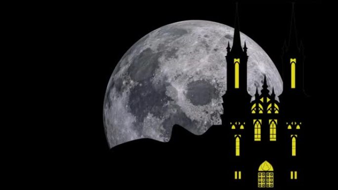 满月之夜的女巫动画飞越教堂-城堡和满月景观-飞行女巫动画