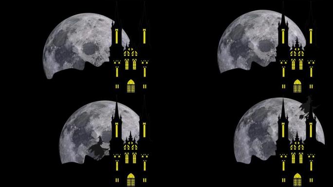 满月之夜的女巫动画飞越教堂-城堡和满月景观-飞行女巫动画