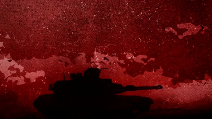一辆坦克的手绘剪影正在粗糙的战场上移动，在屏幕中央的红色天空前慢下来并停一段时间，黎明与移动的云手绘