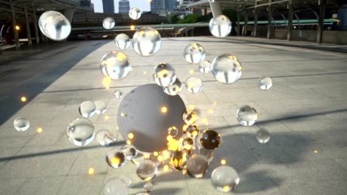 商业区3D渲染动画中的浮动球体