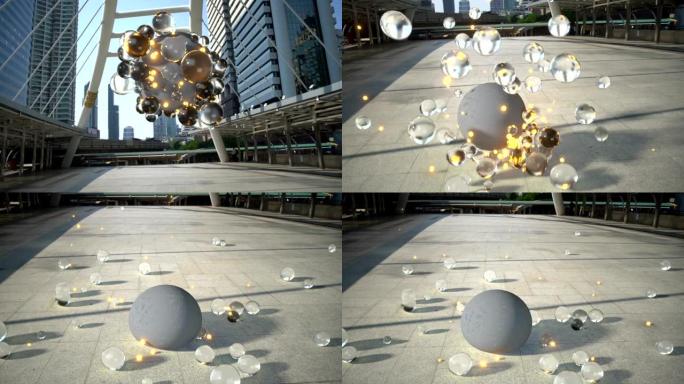 商业区3D渲染动画中的浮动球体