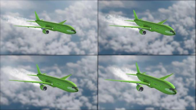 一架绿色喷气式客机在云层上空飞行。背景模糊。飞机。逼真的3D可视化。灰色的云。喷气式飞机。特写。不同