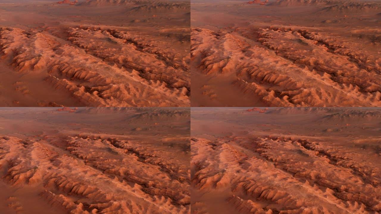 火星景观，燃烧的悬崖在戈壁沙漠中的鸟瞰图。焦土，恐龙的遗骸休息，产卵。蒙古。峡谷赫尔门-Tsav