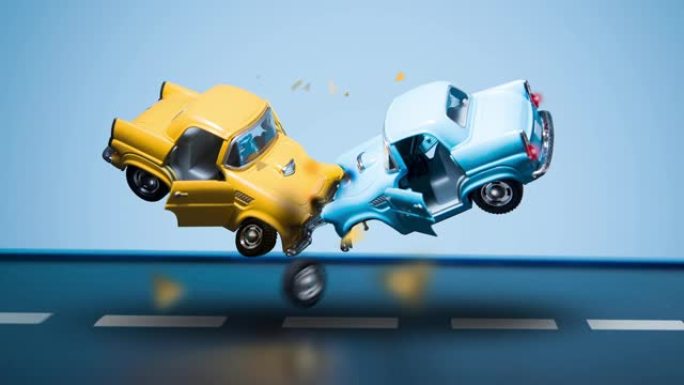 我的照片中的动画镜头是黄色和蓝色的汽车在蓝色背景的中间空气中坠毁。随着微粒的扩散。周围，轮胎像慢动作
