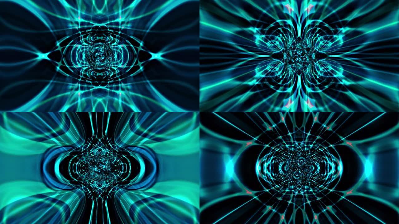抽象绿蓝艺术万花筒动画背景。4k无缝循环，计算机数字生成动画。抽象对称动态运动。音乐节夜总会Vj舞台