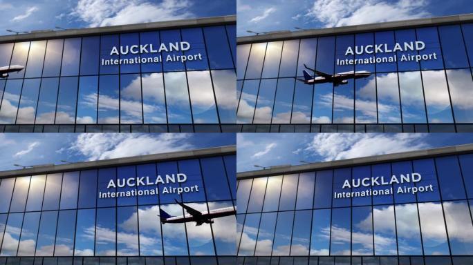 飞机降落在新西兰奥克兰机场，在航站楼中镜像