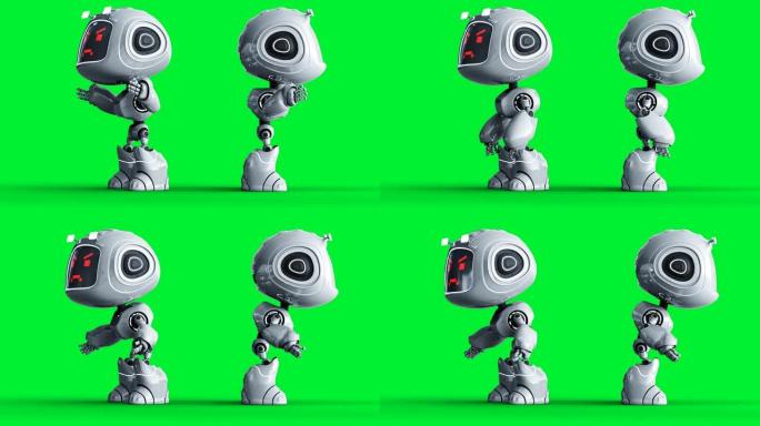 愤怒的白色玩具机器人动画。物理运动模糊。逼真的绿屏4k动画。绿屏