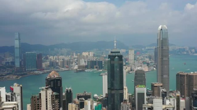 晴天香港城市景观维多利亚港市中心交通空中全景4k