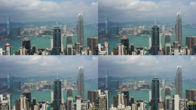 晴天香港城市景观维多利亚港市中心交通空中全景4k