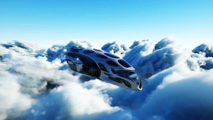 未来派科幻飞船在云层中飞行。逼真的4k动画。