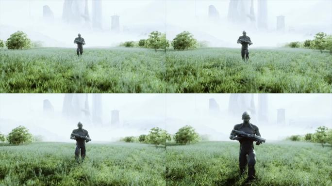携带武器的军事外星人在城市背景下穿过草地。逼真的4k动画。